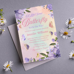 Invitation petit papillon rose violet fleurs baby shower