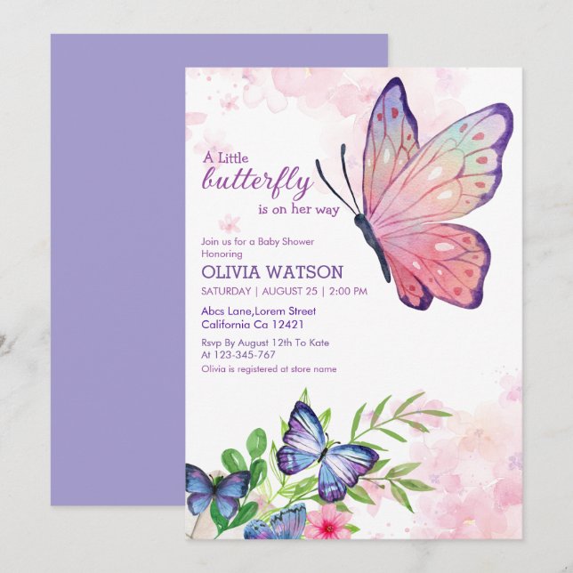 Invitation Petit papillon sur son chemin Baby shower bleu (Devant / Derrière)