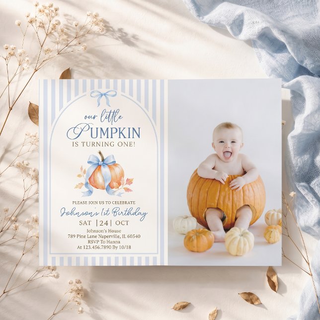 Invitation Petit Pastel Bleu Citrouille Arc Ruban Anniversair (Créateur téléchargé)