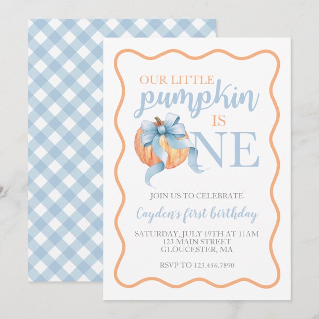 Invitation Petit Pastel Bleu Ruban Citrouille pour 1er Annive (Devant / Derrière)