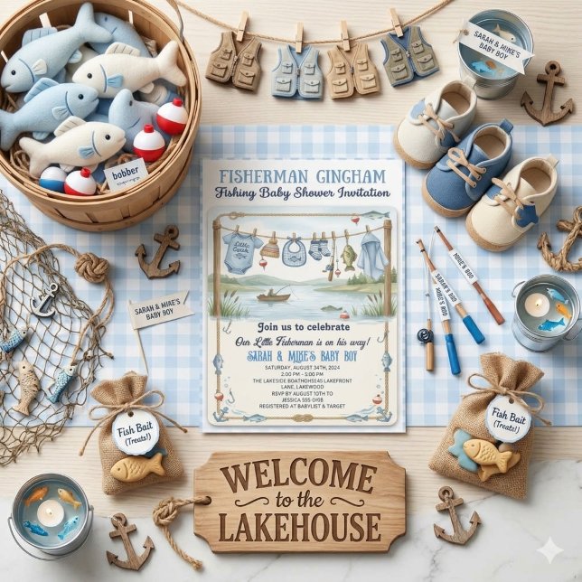 Invitation Petit pêcheur bleu gingham garçon pêcheur (Créateur téléchargé)