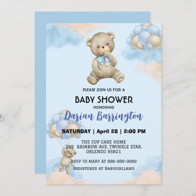 Invitation Petit peluche Bear dégradé ballon bébé douche garç (Devant / Derrière)
