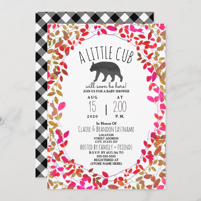 Invitation Petit Petit Cub Girly Greenery Plaid Baby shower (Devant / Derrière)
