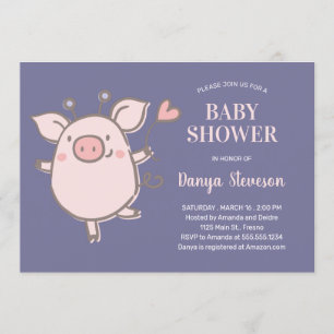 Invitation Petit Piggy Avec Balloon Rose Baby shower Violet