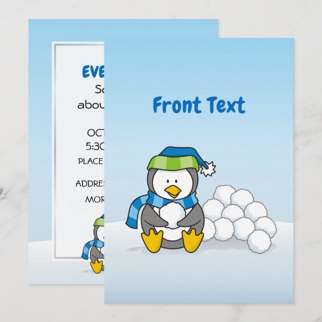 Invitation Petit pingouin assis avec des boules de neige (Devant / Derrière)
