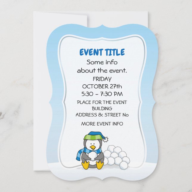 Invitation Petit pingouin assis avec des boules de neige (Dos)