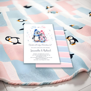 Invitation Petit pingouin mignon Révélation de genre hivernal