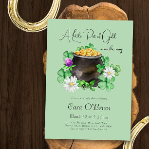Invitation Petit Pot de Baby shower Shamrock d'Irlande d'or