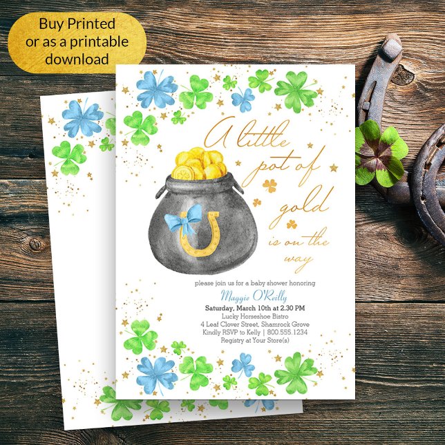 Invitation Petit Pot d'Or Baby Shower Shamrock Bleu Vert (Boy Baby Shower Lucky Irish Themed Invitation)