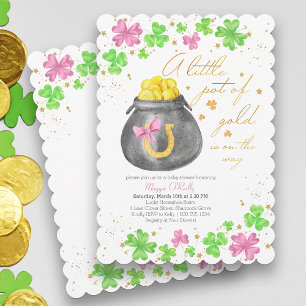 Invitation Petit Pot d'Or Fête de Naissance Rose Vert Trèfle