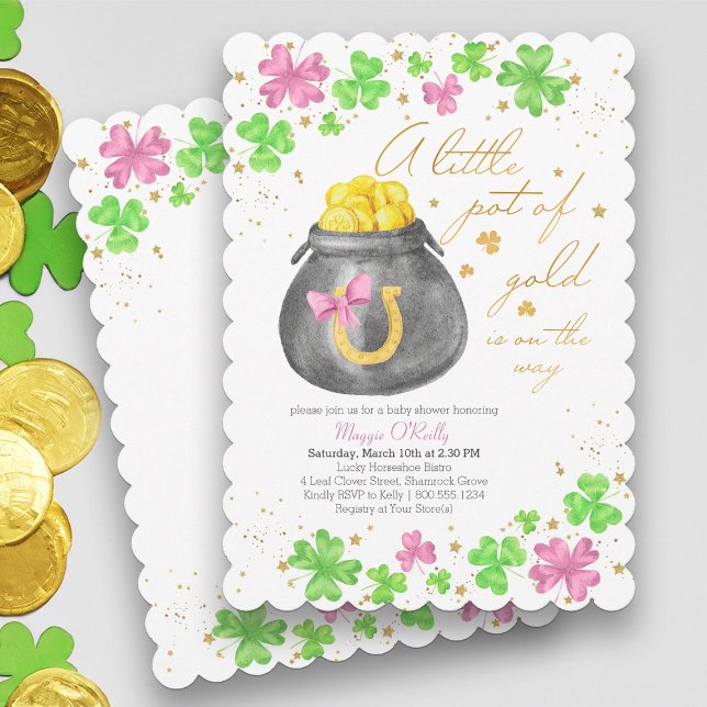 Invitation Petit Pot d'Or Fête de Naissance Rose Vert Trèfle (Girl Baby Shower with Pink Shamrocks and St Patricks theme - available printed or printable download)