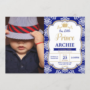Invitation Petit Prince 1er anniversaire Royal Blue Damask Ph