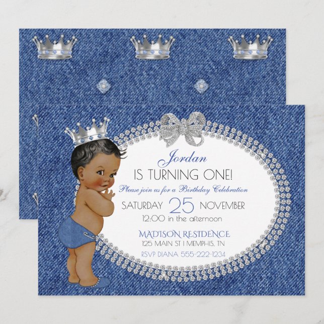 Invitation Petit Prince Afro-Américain Denim & Diamants (Devant / Derrière)