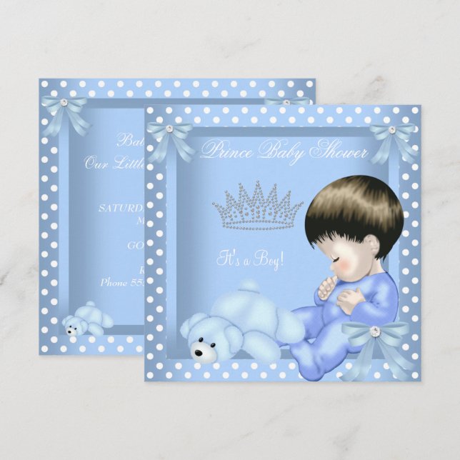 Invitation Petit Prince Baby shower Garçon bleu blanc Polka p (Devant / Derrière)