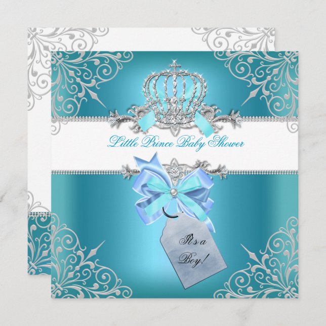Invitation Petit Prince Baby shower Garçon Turquoise Couronne (Devant / Derrière)
