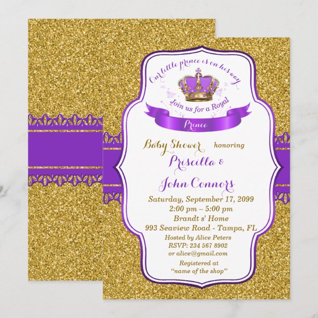 Invitation Petit Prince Baby shower Invitation, or, violet (Devant / Derrière)