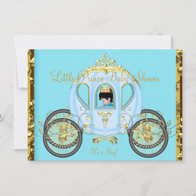 Invitation Petit Prince Bébé Fête Bleu Or Garçon Carrosse (Devant)