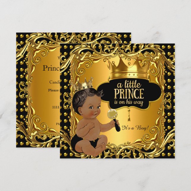 Invitation Petit Prince Bébé Fête de Naissance Hochet Doré Et (Devant / Derrière)