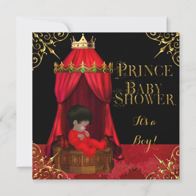 Invitation Petit Prince Bébé Fille Garçon Couronne Rouge Réga (Devant)