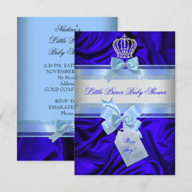 Invitation Petit Prince Bébé Fille/Garçon Shower Bleu Royal 2 (Devant / Derrière)