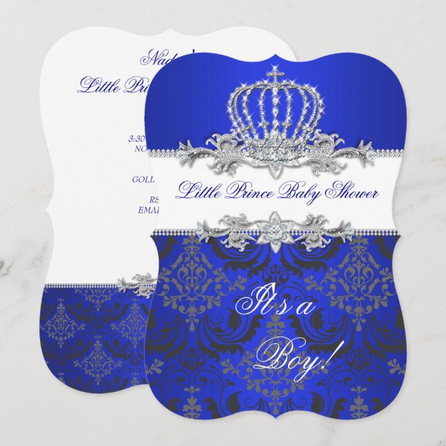 Invitation Petit Prince Bébé Filleul Garçon Bleu Royal Couron (Devant / Derrière)