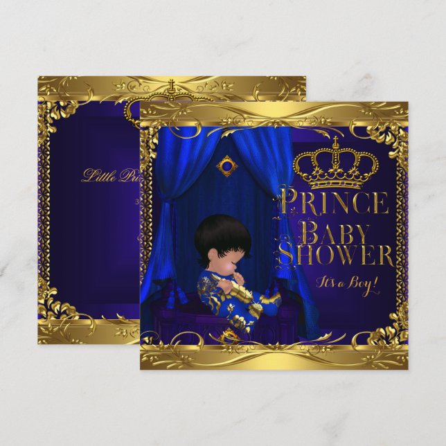 Invitation Petit Prince Bébé Filleul Garçon Bleu Royal Couron (Devant / Derrière)