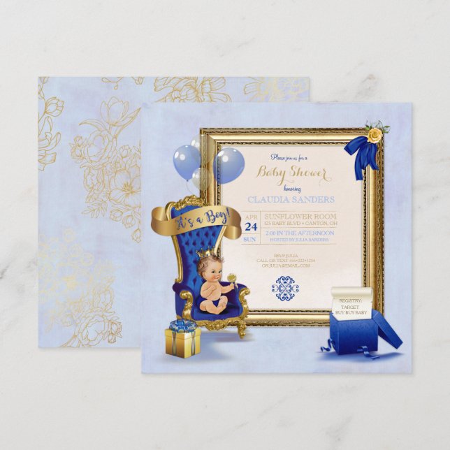 Invitation Petit Prince Bébé Garçon Couronne Dorée Royale Ble (Devant / Derrière)
