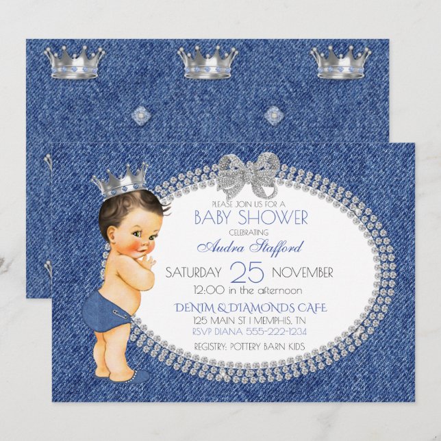 Invitation Petit Prince Bébé Garçon Denim & Diamants (Devant / Derrière)