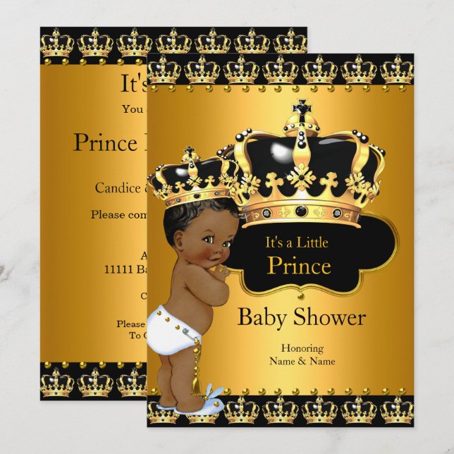 Invitation Petit Prince Bébé Shower Couronne Dorée Ethnique G (Devant / Derrière)