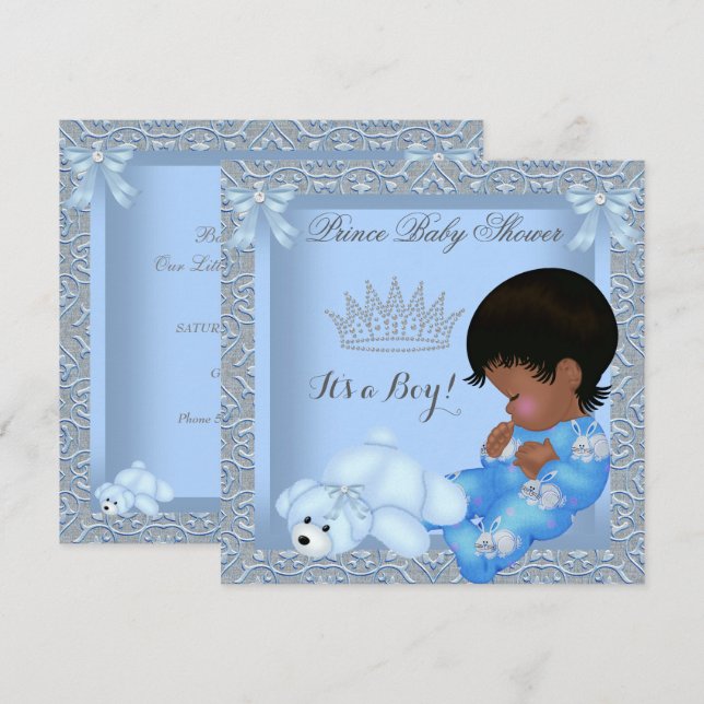 Invitation Petit Prince Bébé Shower Garçon Bleu Damassé AM (Devant / Derrière)