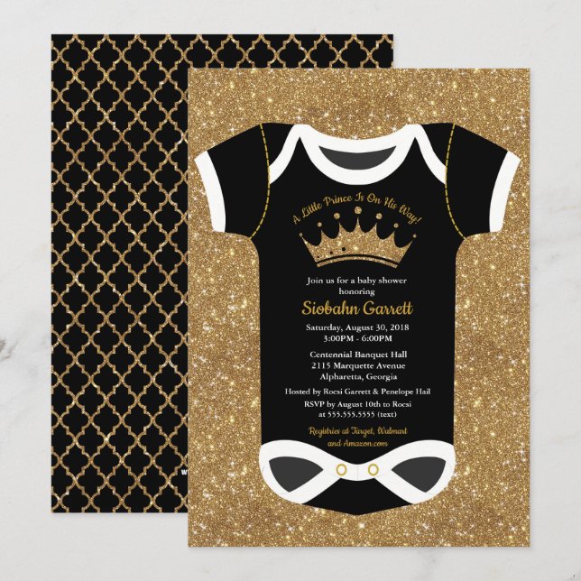 Invitation Petit prince Black et baby shower royal d'or (Devant / Derrière)