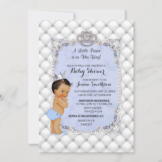 Invitation Petit Prince Bleu Perles Diamants Bébé Garçon (Devant)