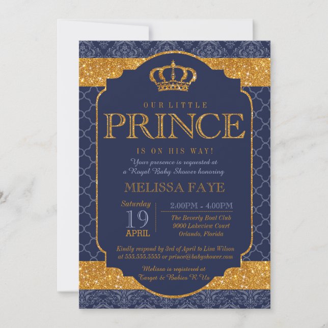 Invitation Petit Prince Royal Navy Blue Gold Baby shower (Devant)
