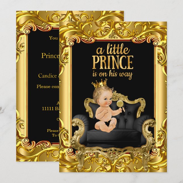 Invitation Petit Prince sur le Trône Baby Shower Bébé Blond (Devant / Derrière)