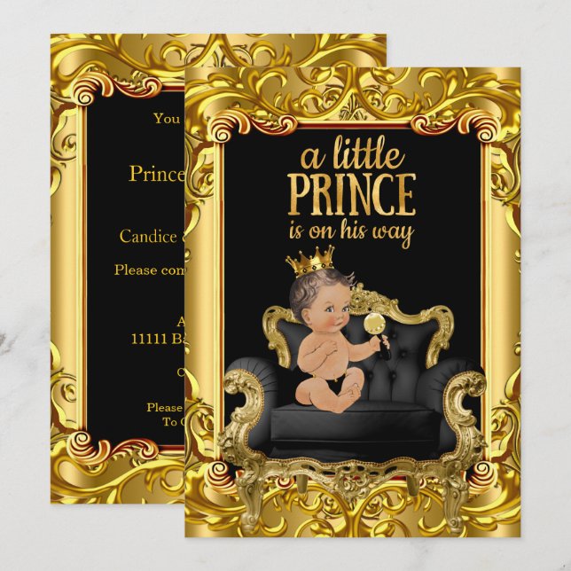 Invitation Petit Prince sur le Trône Baby Shower Brunette Béb (Devant / Derrière)