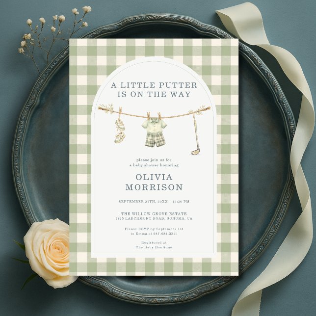 Invitation Petit Putter Golf Sage Vert Gingham Baby Shower (Créateur téléchargé)