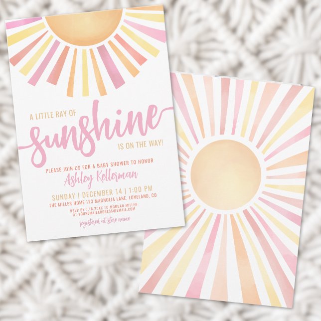 Invitation Petit Rayon De Soleil Baby shower Boho Rose (Little Ray Of Sunshine Pink Baby Shower Invitation )