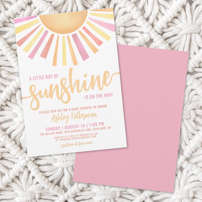 Invitation Petit Rayon De Soleil Fête Prénatale Bébé Rose (Little Ray Of Sunshine Pink Baby Shower Invitation)