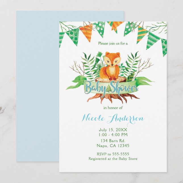 Invitation Petit renard dans le Baby shower d'aquarelle de la (Devant / Derrière)