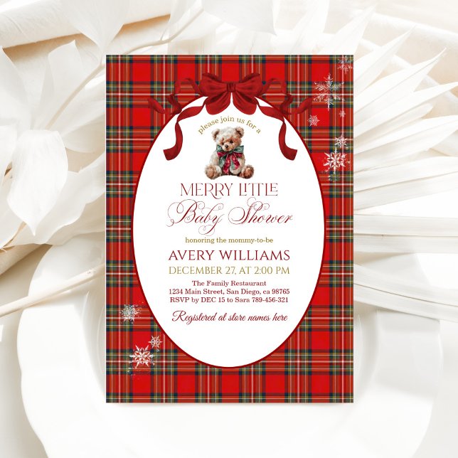 Invitation Petit ruban rouge Noël carreau (Créateur téléchargé)