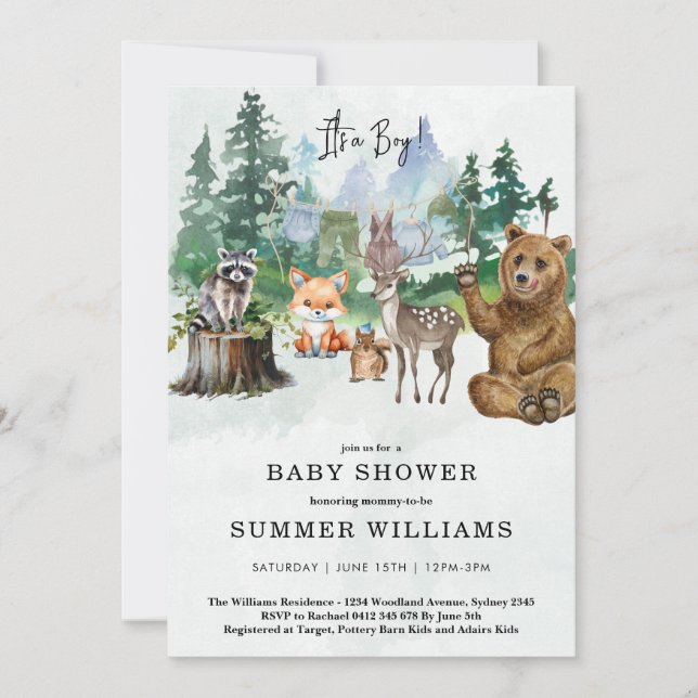 Invitation Petit Sauvageon Fête de Bébé Animaux de la Forêt d (Devant)