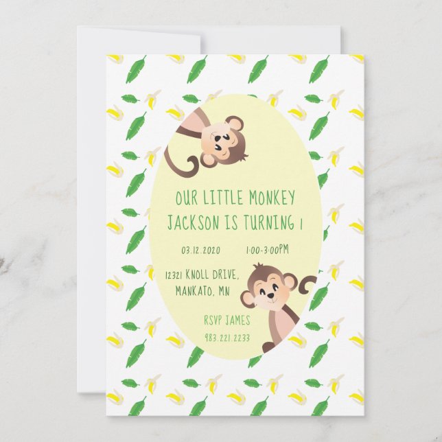 Invitation Petit Singe Premier Anniversaire Banana Peels Gree (Devant)
