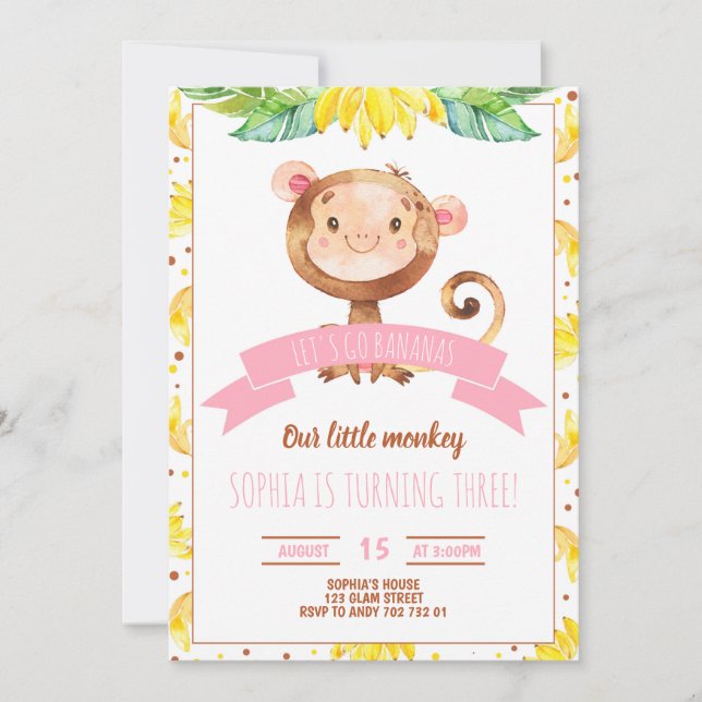 Invitation Petit Singe Rose Bébé Fille Anniversaire (Devant)
