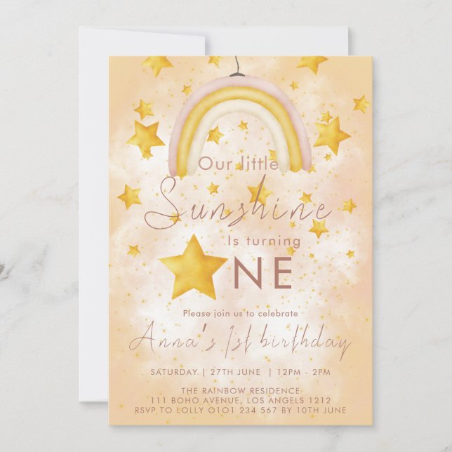 Invitation Petit Soleil Boho Arc-en-Ciel Étoile Dorée Anniver (Devant)