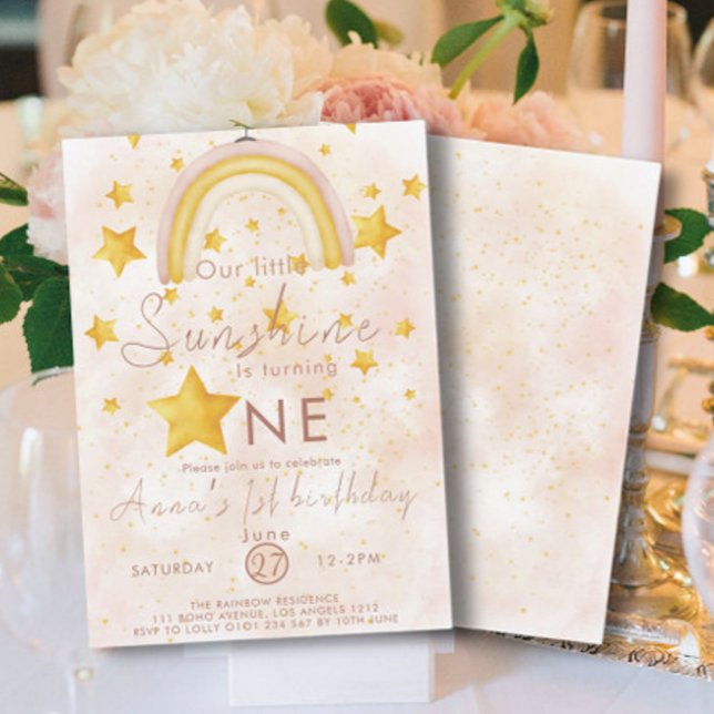Invitation Petit soleil boho arc-en-ciel étoile dorée anniver (Créateur téléchargé)