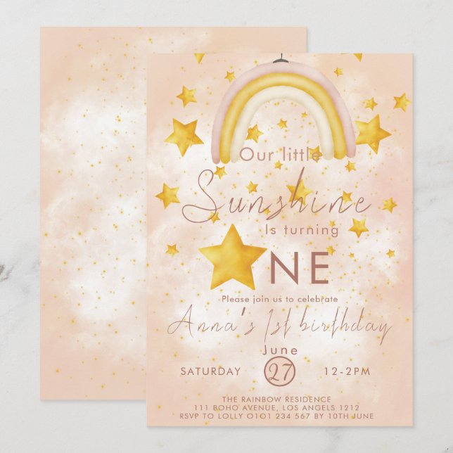 Invitation Petit Soleil Boho Arc-en-Ciel Étoile Dorée Anniver (Devant / Derrière)