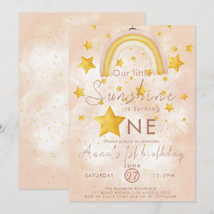 Invitation Petit Soleil Boho Arc-en-Ciel Étoile Dorée Anniver