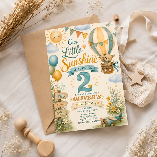 Invitation Petit Soleil Fait Deux Ans Montgolfière Ourson  (Créateur téléchargé)