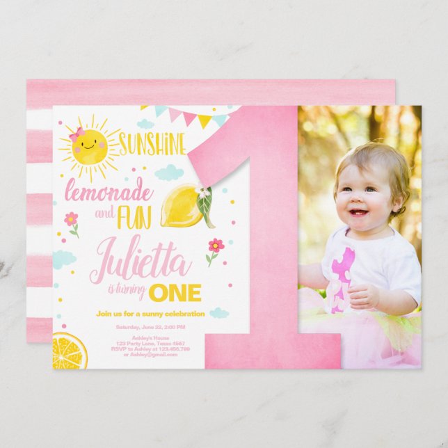 Invitation Petit soleil Lemonade Rose Girl Lemon Anniversaire (Devant / Derrière)