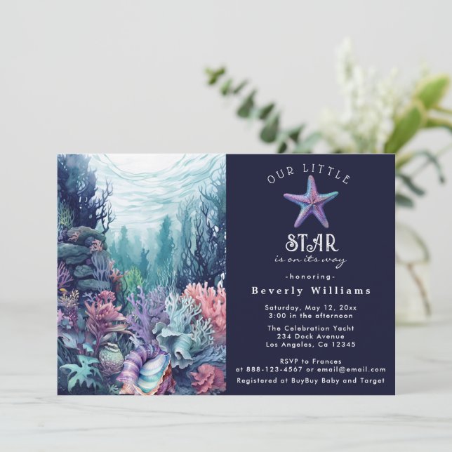 Invitation Petit Star Elegant Ocean Starfish Baby shower (Debout devant)